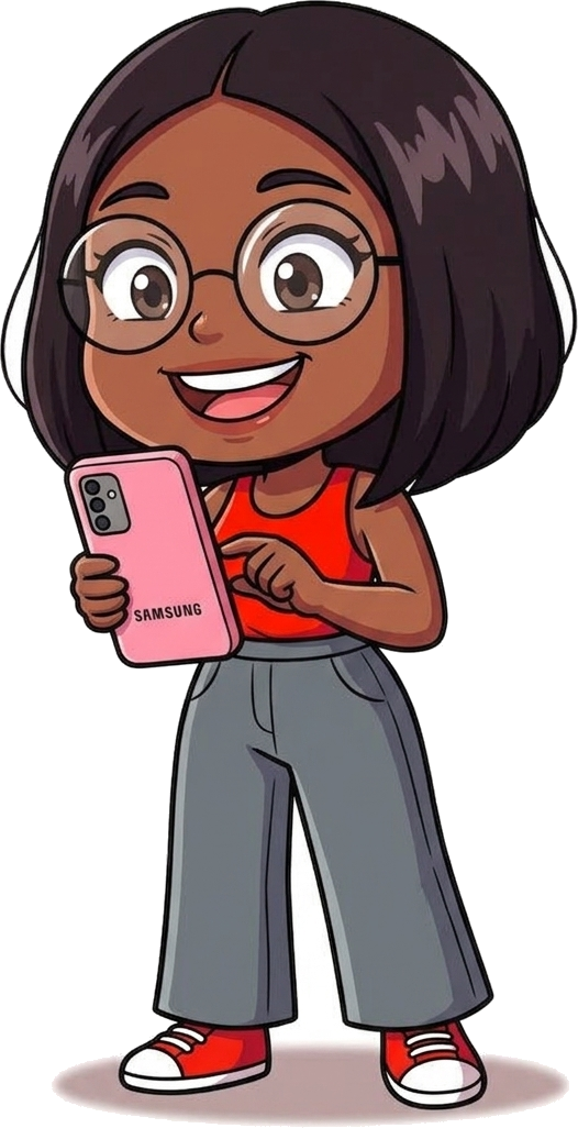 Illustrated Judy smiling with her phone